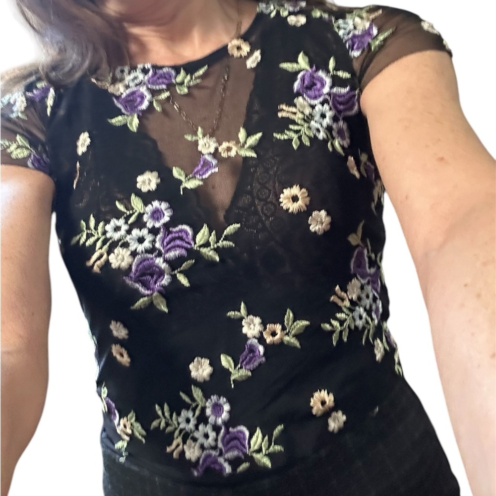 Vintage sheer Floral Embroidered Black Top